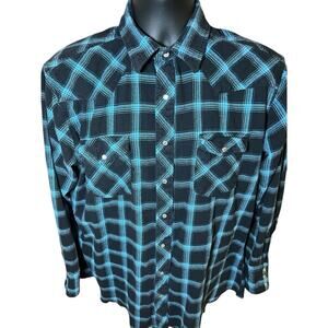 Wrangler Shirt Mens Large Flannel Pearl Snap Black Blue Plaid Western Cowboy
